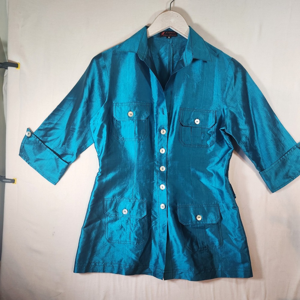 R. Keth Khmer Attitude Silk Tunic Top Teal Blue‎ Button Front Safari Jacket M